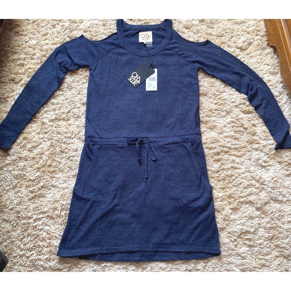 CHASOR Cold Shoulder Dress Drawstring Waist Pockets Blue Velvet‎ XS NWT